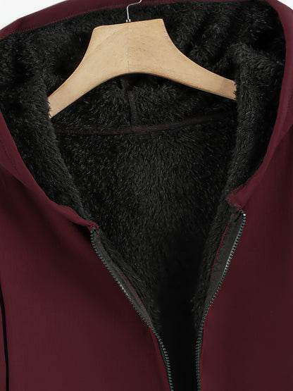 Plus Size Hoodie Fleece Liner Zip Up Coat, Women's Plus Warm Winter Casual Faux Fur Coat