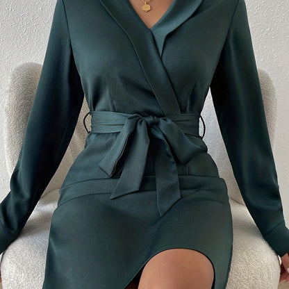 gbolsos  Solid Surplice Neck Dress, Elegant Long Sleeve Simple Dress, Women's Clothing
