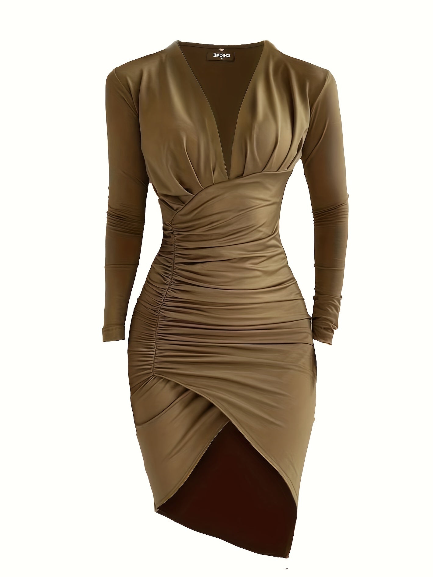 gbolsos  Ruched Solid Bodycon Dress, Casual V Neck Long Sleeve Dress, Women's Clothing
