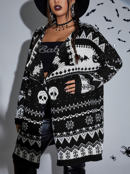 gbolsos  Plus Size Halloween Retro Cardigan, Women's Plus Skull & Bat Patterned Long Sleeve Open Front Sweater Cardigan