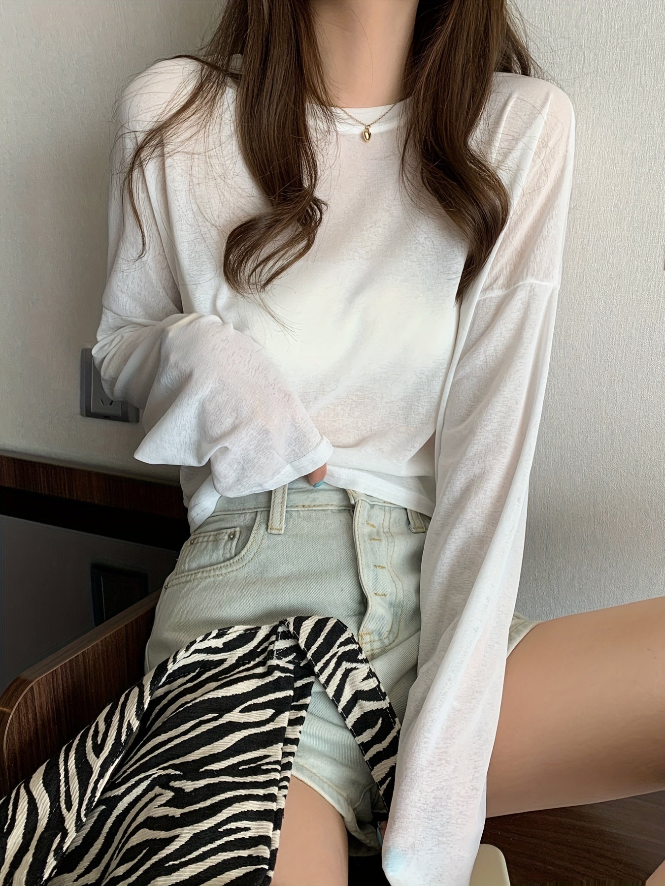 gbolsos  Solid Thin Crew Neck T-Shirt, Casual Long Sleeve Top For Spring & Summer, Women's Clothing