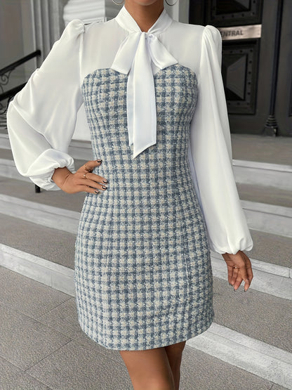 gbolsos  Plaid Splicing Tie Neck Dress, Elegant Lantern Long Sleeve Dress, Women's Clothing