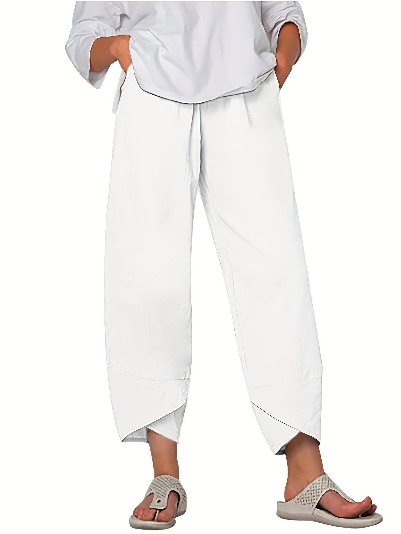 gbolsos  Loose Pocket Pants, Casual Elastic Waist Solid Fashion Comfy Spring & Summer Pants, Women's Clothing