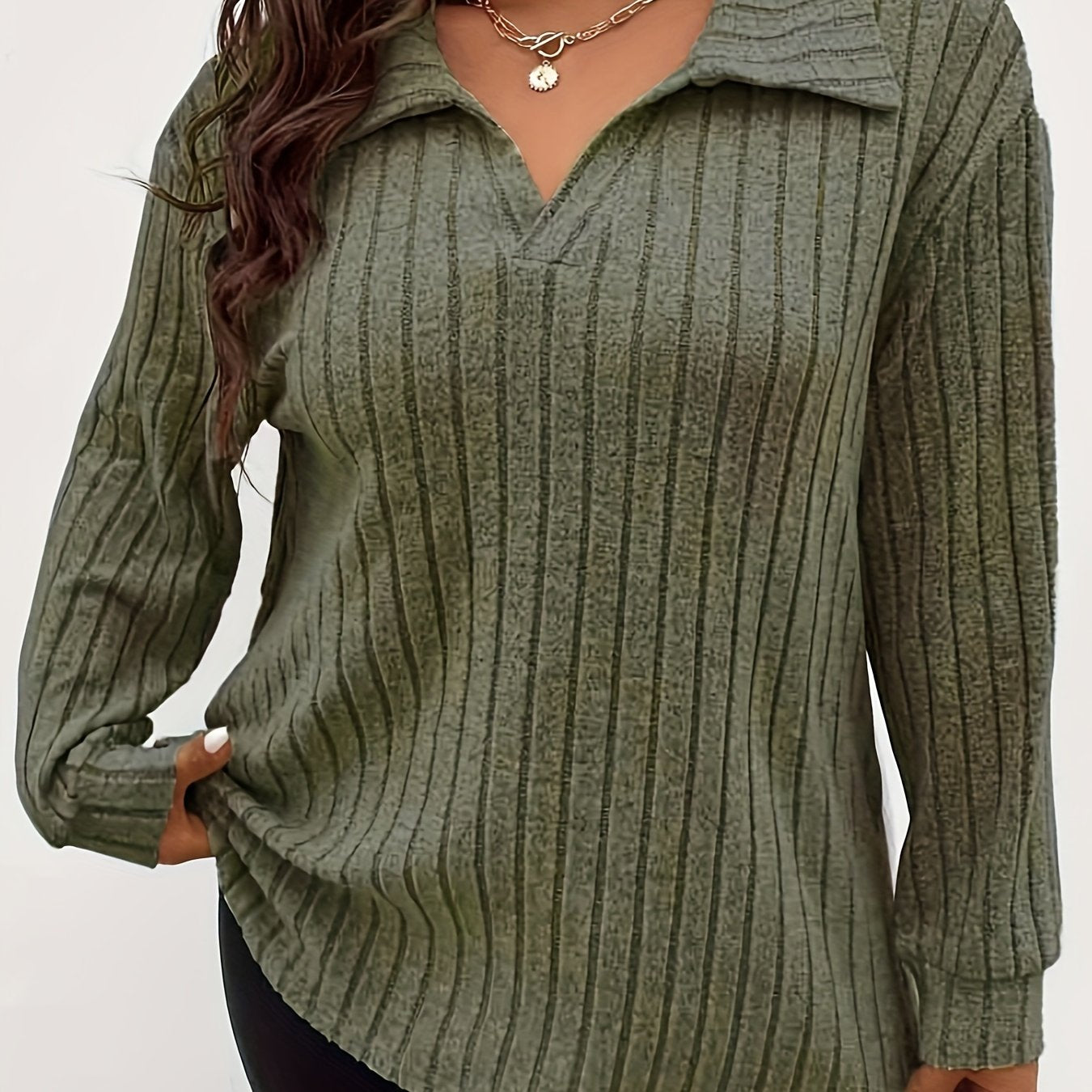 Plus Size Solid Ribbed T-Shirt, Casual Lapel Long Sleeve T-Shirt, Women's Plus Size Clothing