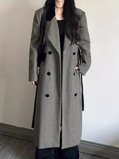 gbolsos  Color Block Double-breasted Coat, Casual Long Sleeve Back Vent Tie Lapel Overcoat For Fall & Winter, Women's Clothing