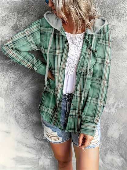 gbolsos  Hooded Plaid Print Blouse, Casual Button Front Drawstring Long Sleeve Blouse, Women's Clothing
