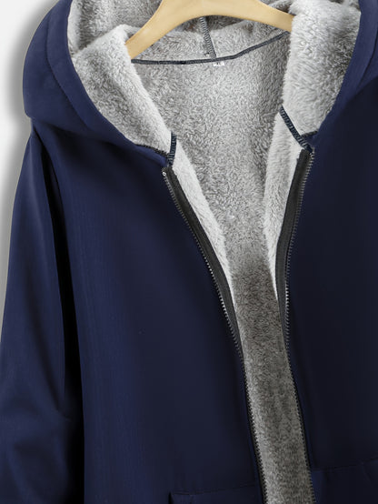 Plus Size Hoodie Fleece Liner Zip Up Coat, Women's Plus Warm Winter Casual Faux Fur Coat