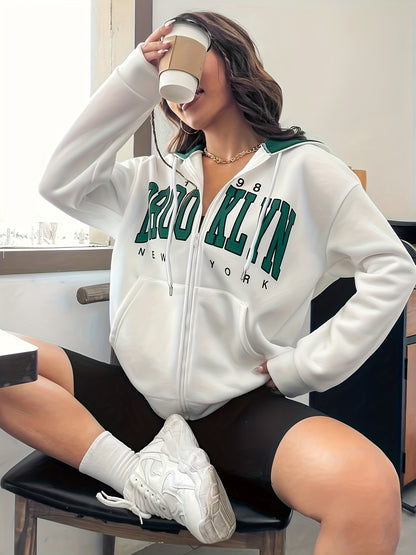 gbolsos  Letter Print Zip Up Hoodie, Casual Long Sleeve Hoodies Sweatshirt, Women's Clothing