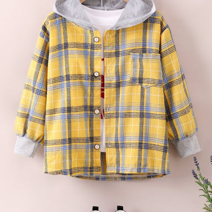 gbolsos  Boys Fashion Plaid Hooded Jacket, Long Sleeve Button Down Hooded Jacket, Kids Clothing