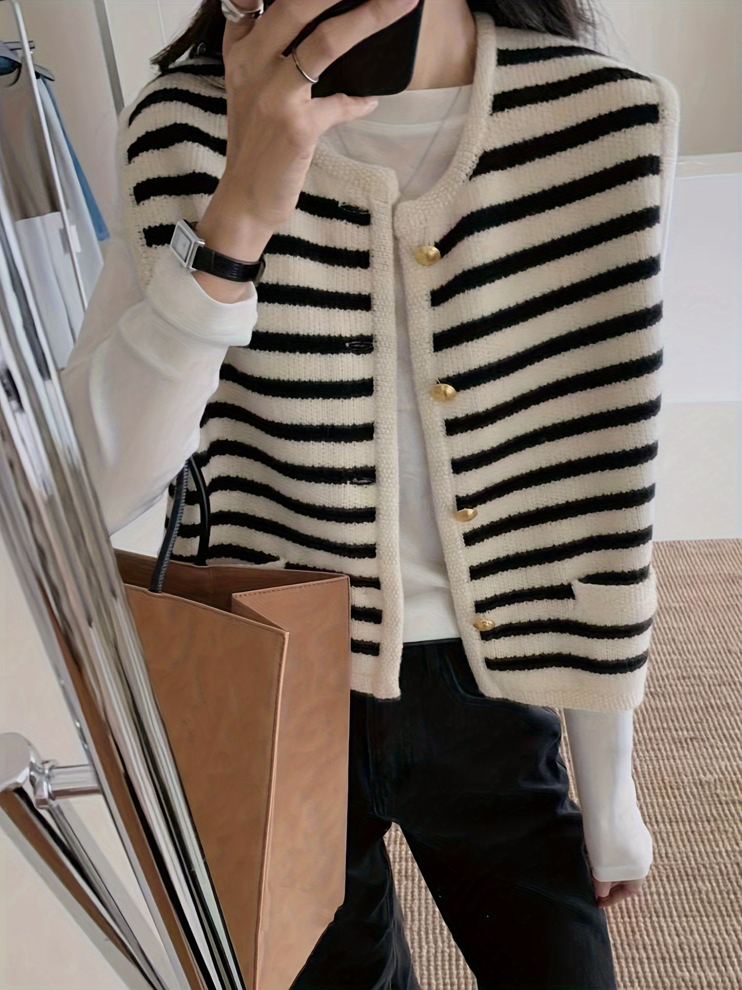 gbolsos Striped Button Dwon Knit Vest, Vintage Sleeveless Sweater With Pocket For Spring & Fall, Women's Clothing