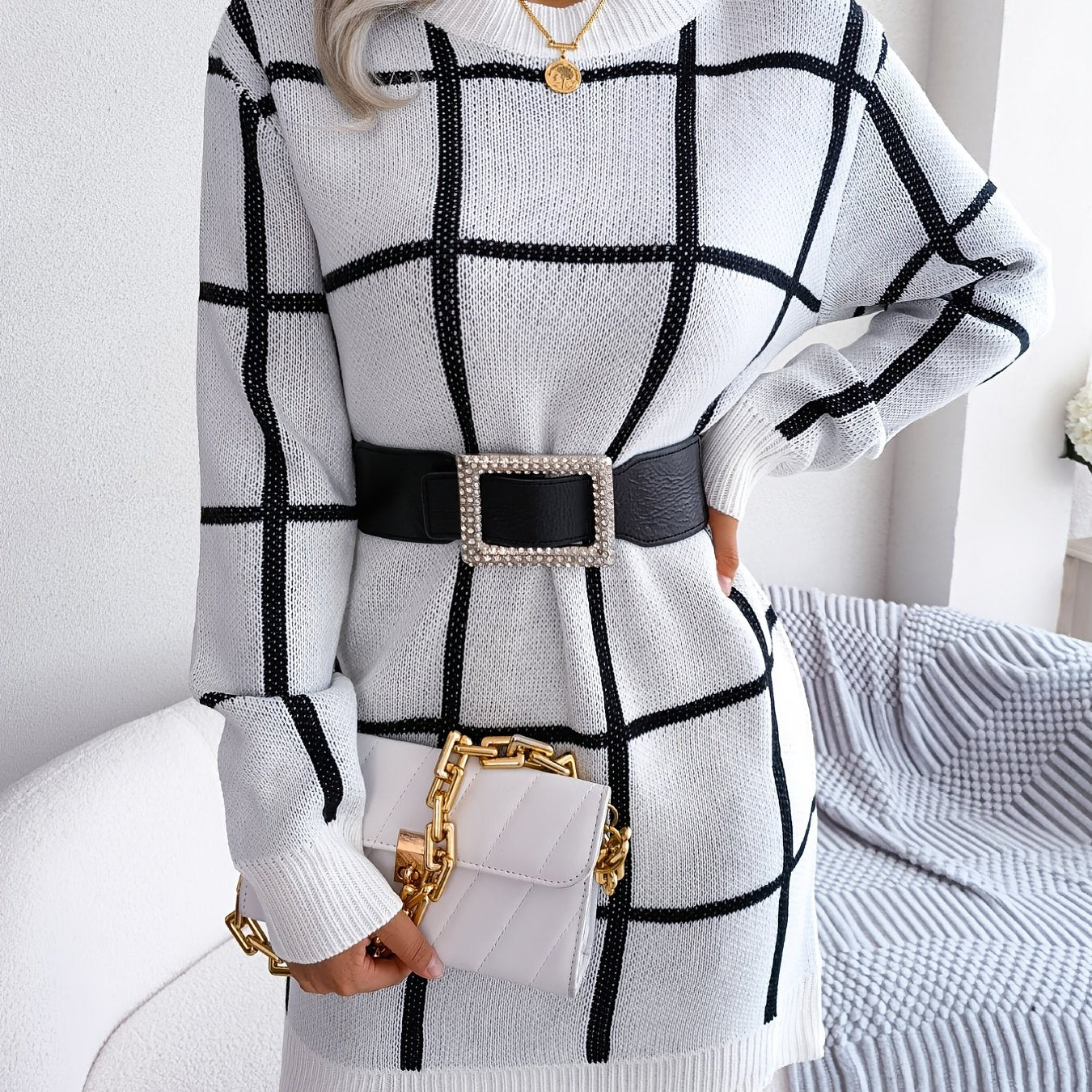 2025 gbolsos  Color Block Plaid Round Neck Long Sleeve Sweater Dress, Bag Hip Casual Bodycon Loose Dress, Women's Clothing