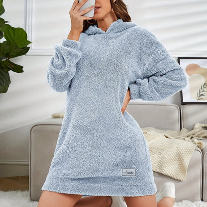 Hooded Teddy Dress, Casual Long Sleeve Simple Warm Dress, Women's Clothing