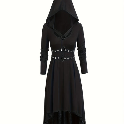 gbolsos  Solid Circle Decor Hooded Dress, Vintage Asymmetrical Hem Cosplay Dress For Spring & Fall, Women's Clothing