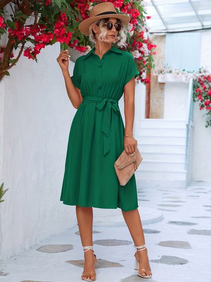 gbolsos  Solid Belted Shirt Dress, Short Sleeve Casual Dress For Summer & Spring, Women's Clothing