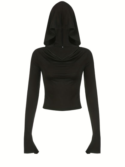 gbolsos  Solid Color Long Sleeve Hooded Top,Slim Long Sleeve Running Hoodie Crop Top,Women's Tops