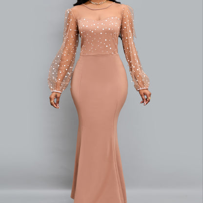 gbolsos  Round Neck Mesh Stitching Dress, Elegant Slim Long Sleeve Waist Long Dresses, Women's Clothing