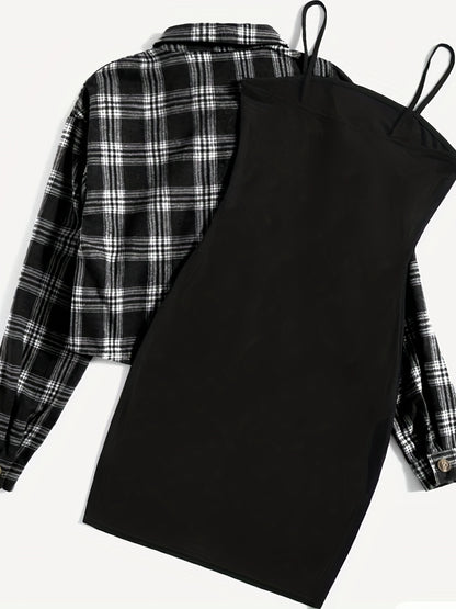 Casual Simple Two-piece Set, Plaid Print Button Front Tops & Solid Spaghetti Strap Dress Outfits, Women's Clothing