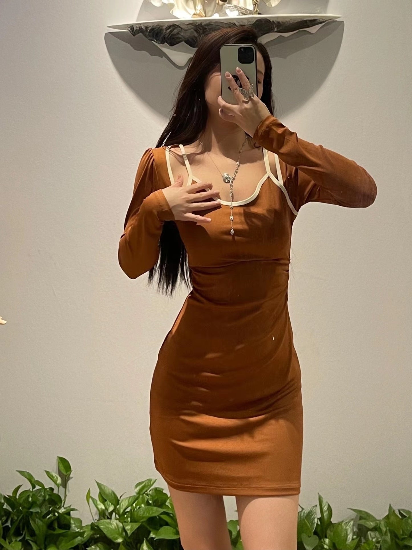 gbolsos  Contrast Trim Long Sleeve Strap Dress, Elegant Slim Mini Dress, Women's Clothing