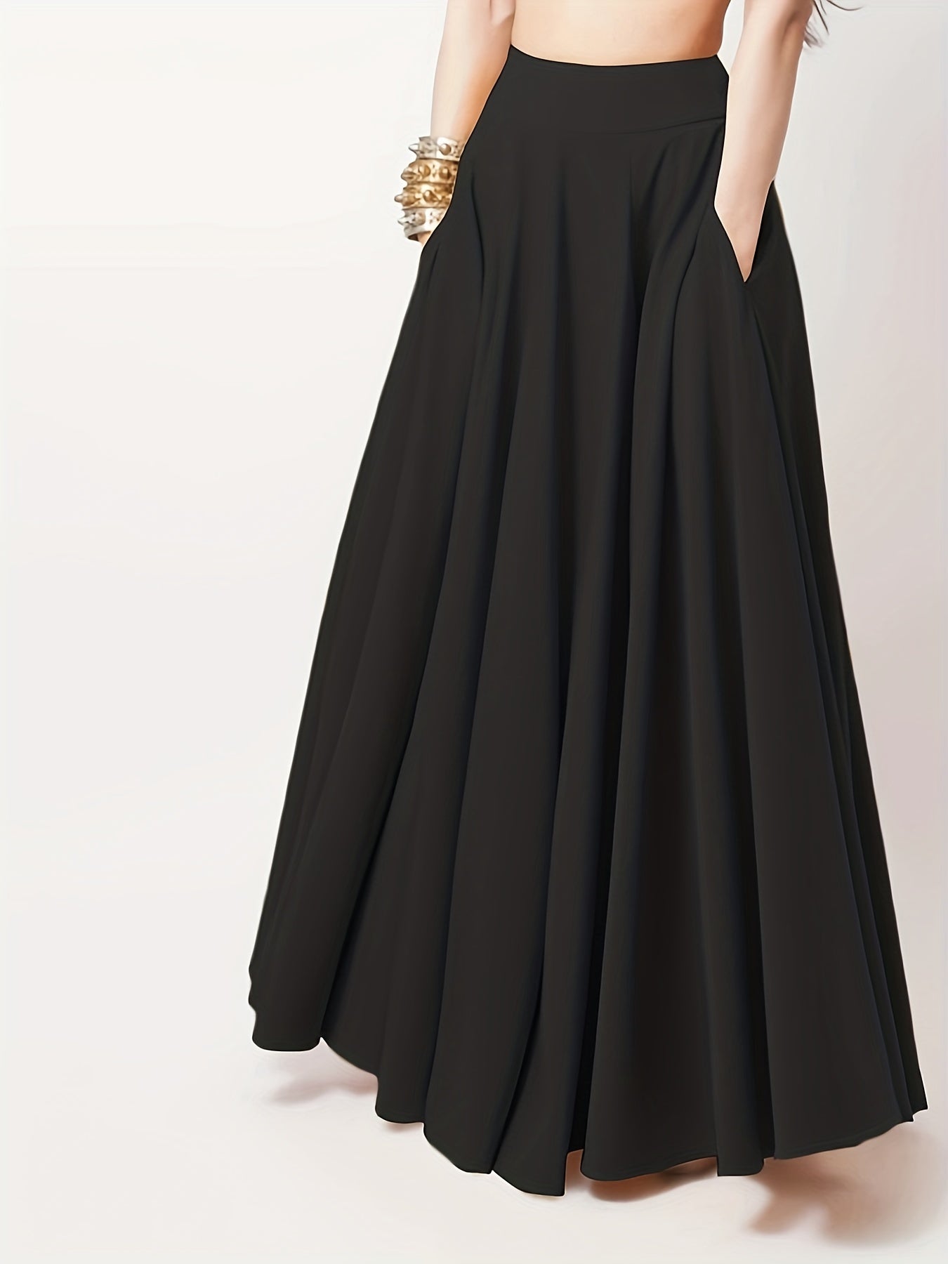 gbolsos  Pleated Long Skirt, Loose Solid Casual Skirt For Spring & Summer, Women's Clothing