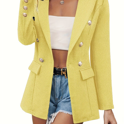 gbolsos  Lapel Double Breasted Blazer, Elegant Long Sleeve Work Office Outerwear With Pockets, Women's Clothing