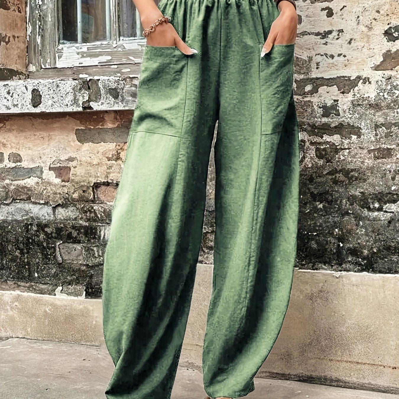 gbolsos  Boho Solid Elastic Waist Harem Pants, Casual Long Length Baggy Pants With Pockets For Spring & Summer, Women's Clothing