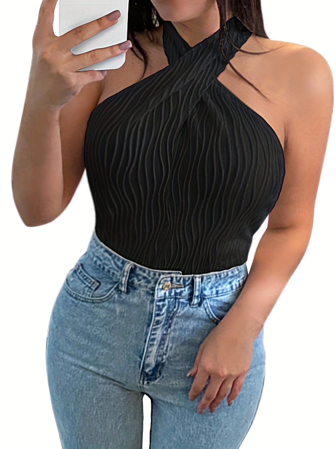gbolsos  Textured Cross Halter Neck Top, Sexy Backless Halter Top For Summer, Women's Clothing