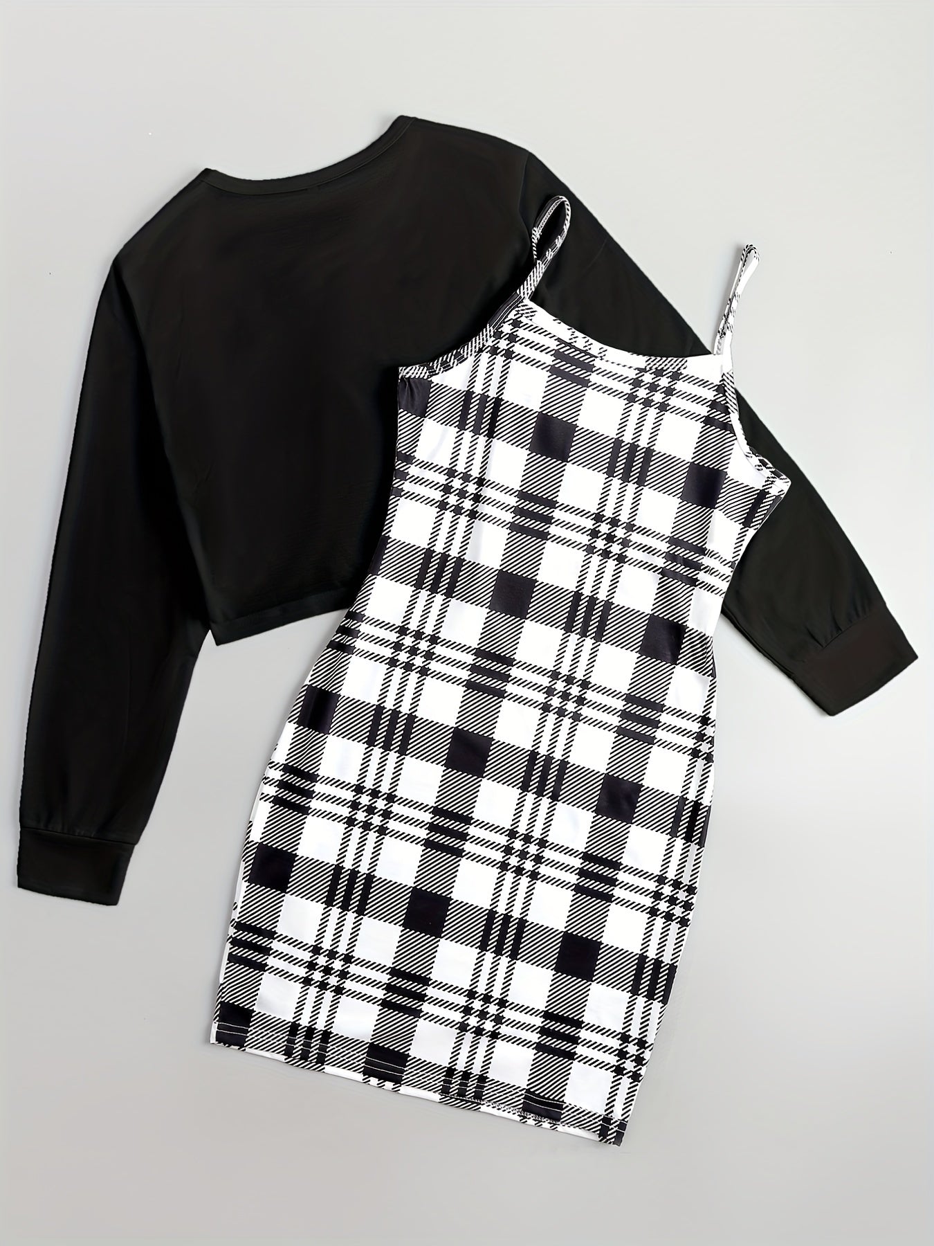gbolsos  Casual Two-piece Dress Set, Asymmetrical Hem Long Sleeve Crop T-shirt & Plaid Pattern Cami Dress Outfits, Women's Clothing