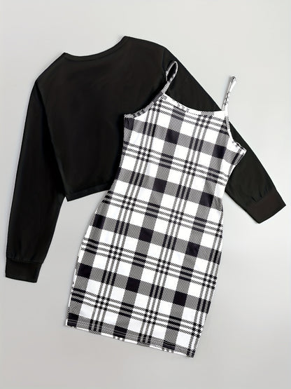 gbolsos  Casual Two-piece Dress Set, Asymmetrical Hem Long Sleeve Crop T-shirt & Plaid Pattern Cami Dress Outfits, Women's Clothing