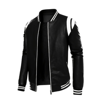 gbolsos  Chic Color Block PU Jacket, Men's Casual Baseball Collar Faux Leather Biker Jacket