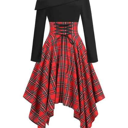 gbolsos  Plaid Asymmetrical Hem Dress, Vintage Cold Shoulder Long Sleeve Dress, Women's Clothing