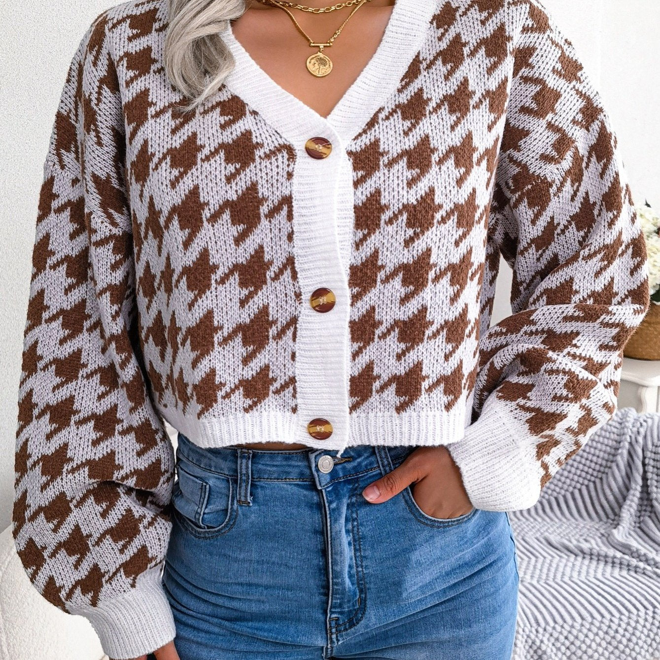 2025 gbolsos  Houndstooth Button Up Cardigan, Long Sleeve V Neck Casual Sweater, Women's Clothing