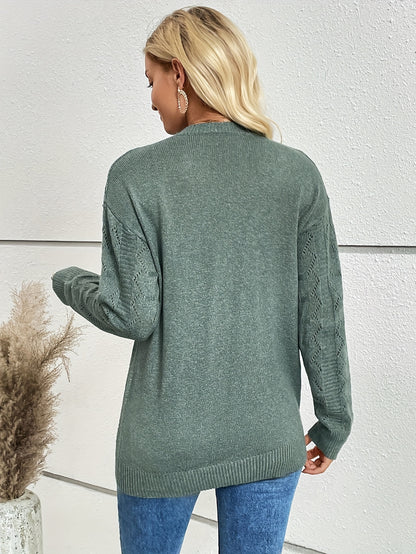 gbolsos  Eyelet V Neck Pullover Sweater, Casual Long Sleeve Sweater For Fall & Winter, Women's Clothing