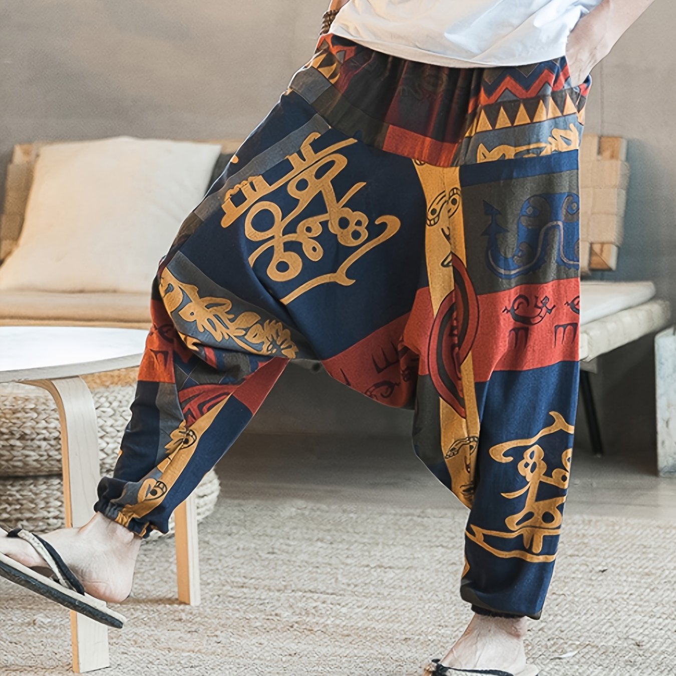 gbolsos Ethnic Pattern Vintage Cotton Harem Pants, Men's Casual Drop Crotch Jogging Harem Pants For Spring Summer