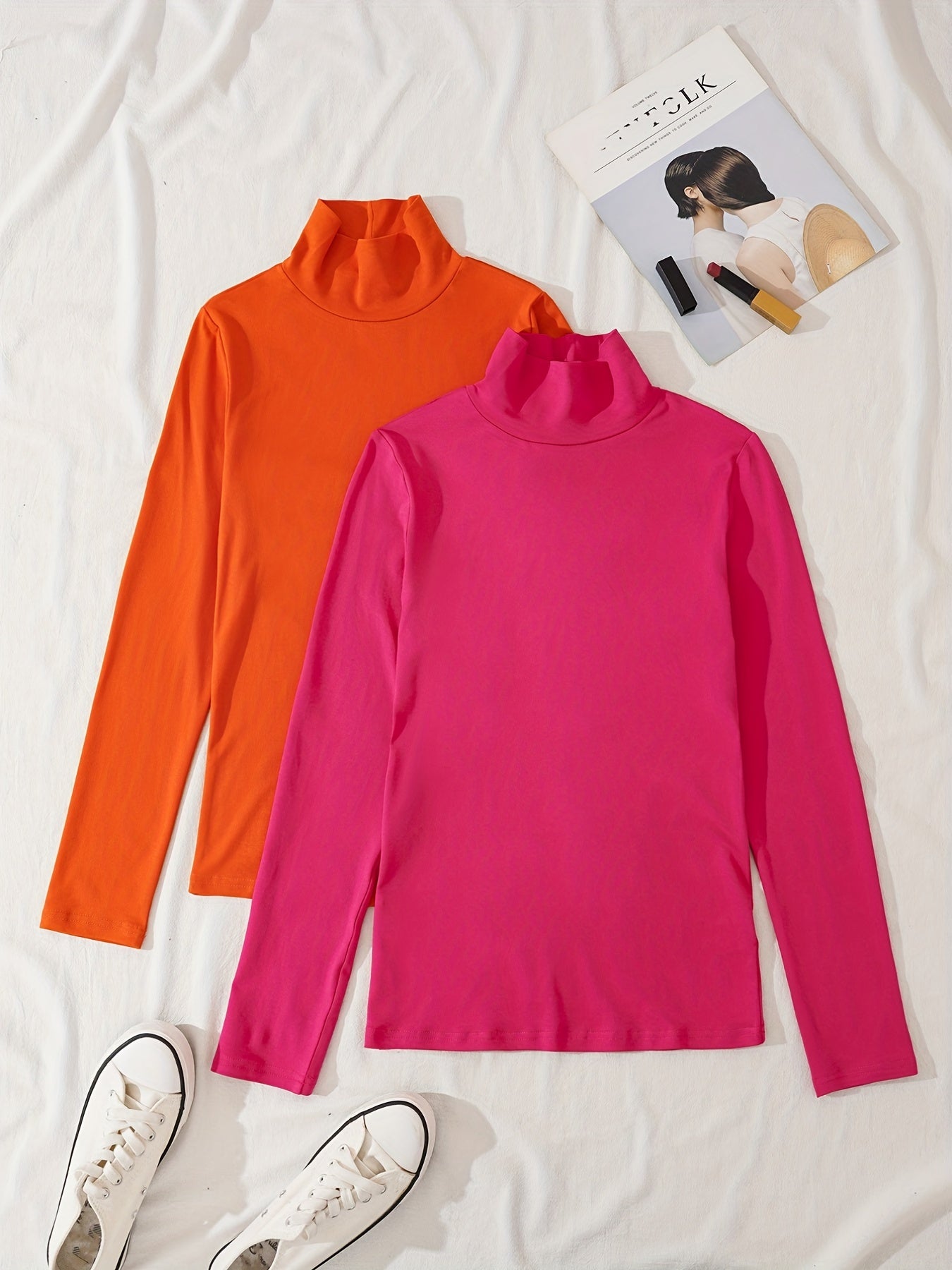 gbolsos  2 Pieces Turtle Neck T-Shirts, Versatile Long Sleeve T-Shirts For Spring & Fall, Women's Clothing