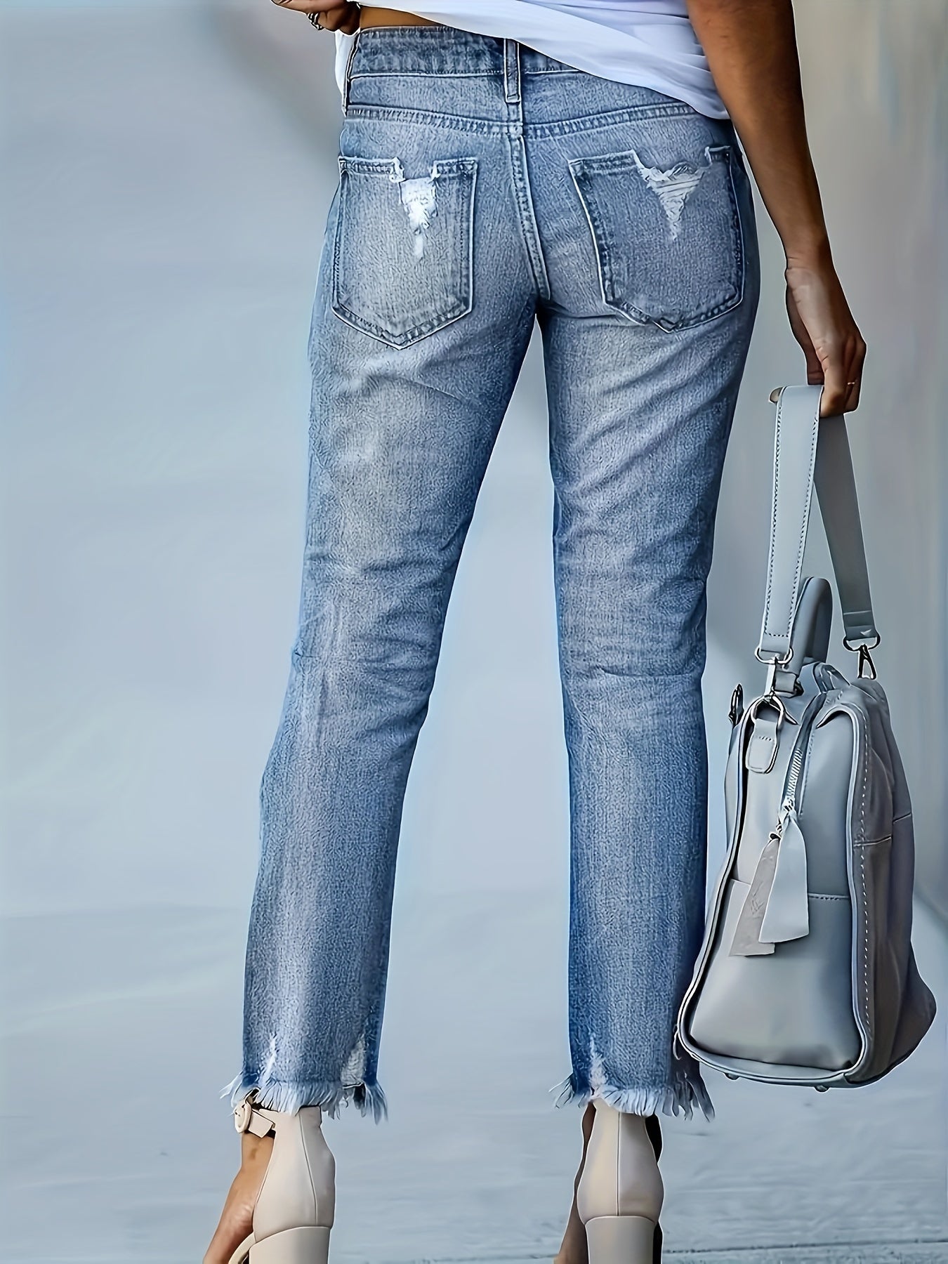 gbolsos  Ripped Holes Casual Straight Jeans, Raw Hem Slant Pockets Washed Denim Pants, Women's Denim Jeans & Clothing
