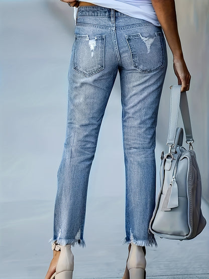 gbolsos  Ripped Holes Casual Straight Jeans, Raw Hem Slant Pockets Washed Denim Pants, Women's Denim Jeans & Clothing