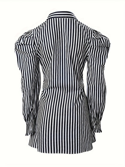 gbolsos  Striped Print Mini Dress, Casual Button Front Puff Long Sleeve Dress, Women's Clothing