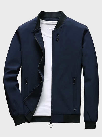 gbolsos  Classic Design Jacket, Men's Casual Zipper Pockets Crew Neck Zip Up Jacket For Spring Fall