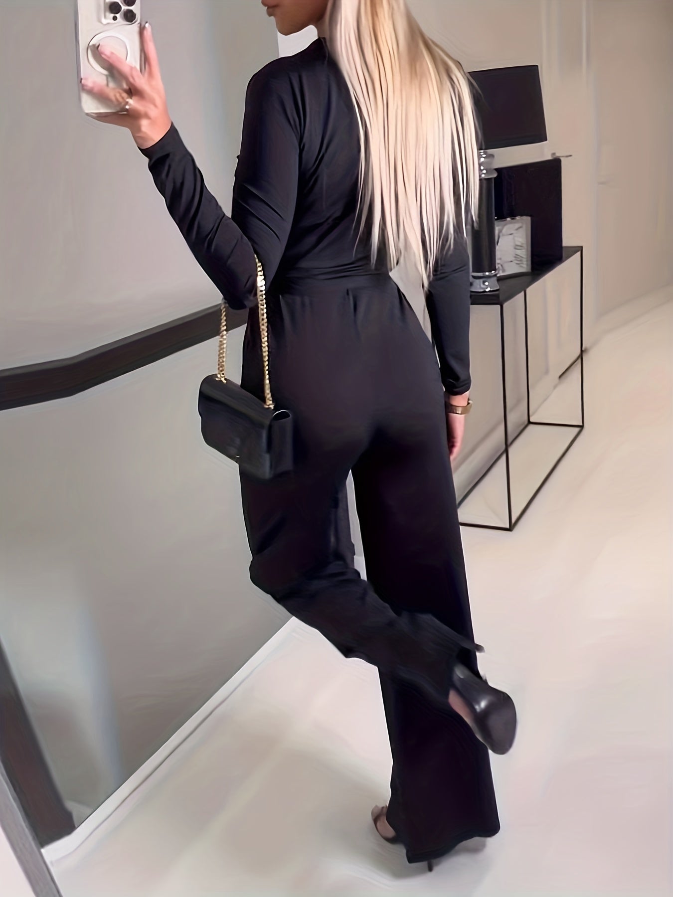 gbolsos  Wide Leg Belted Jumpsuit, Sexy Long Sleeve V Neck Jumpsuit, Women's Clothing