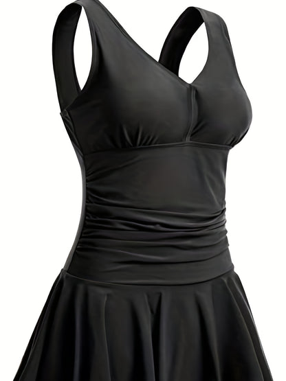 elveswallet  Ruched Tummy Control Black One Piece Swimsuit, High Stretch V Neck Comfy Wide Strap Skirted Solid Color Bathing Suit, Women's Swimwear & Clothing