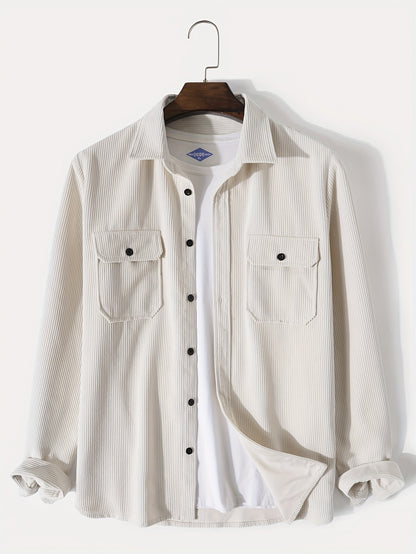gbolsos  Men's Retro Corduroy Shirt Top Turn-Down Collar Long Sleeve Closure Regular Fit Solid Male Casual Shirt For Daily