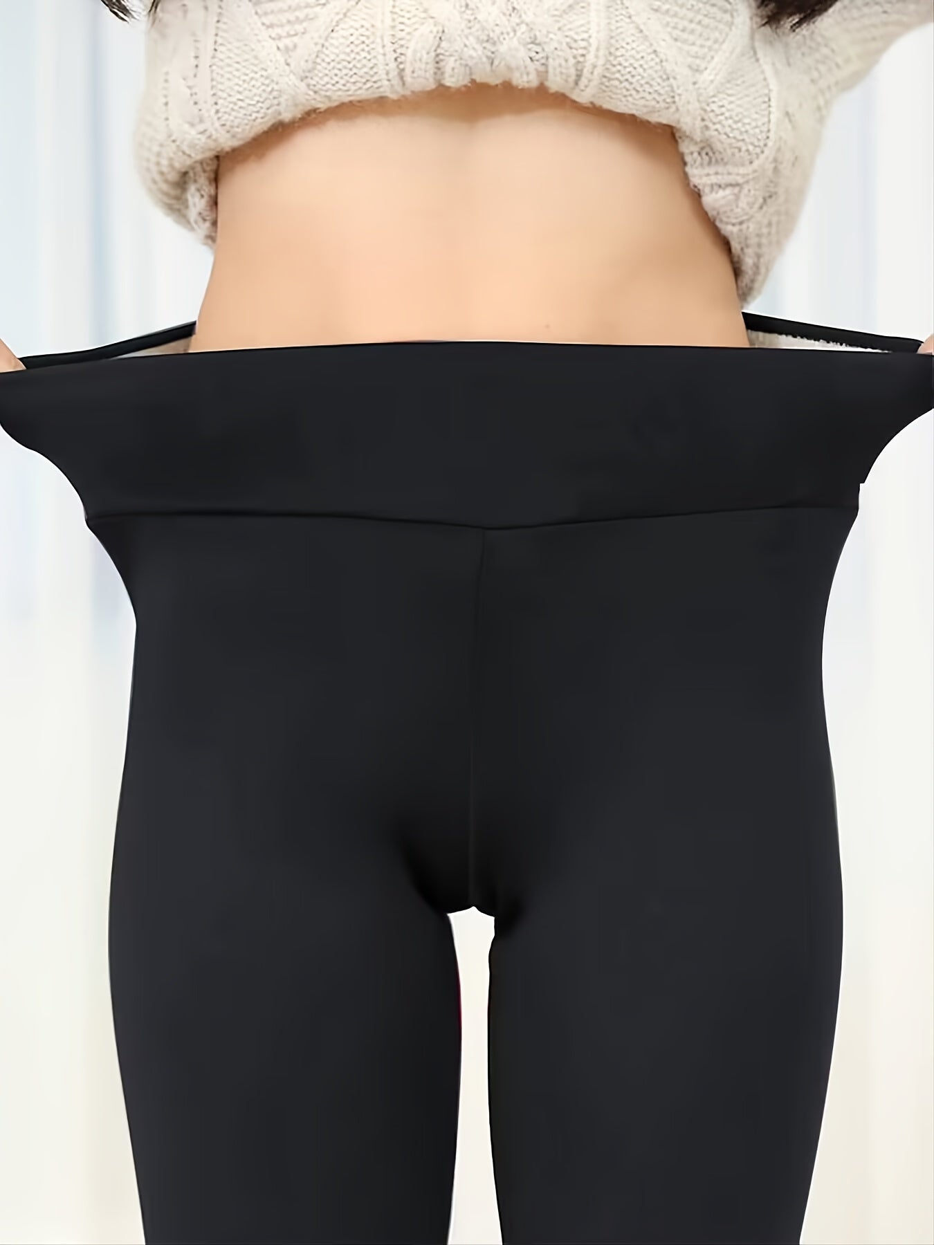 gbolsos  Solid Sherpa Warm Plush Lining Leggings, Casual Stretchy Long Length High Waist Leggings, Women's Clothing