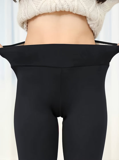 gbolsos  Solid Sherpa Warm Plush Lining Leggings, Casual Stretchy Long Length High Waist Leggings, Women's Clothing