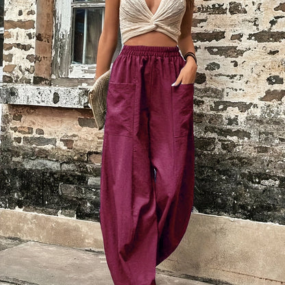 gbolsos  Boho Solid Elastic Waist Harem Pants, Casual Long Length Baggy Pants With Pockets For Spring & Summer, Women's Clothing