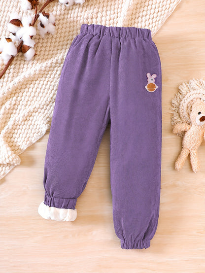 gbolsos  Toddler Girls Fleece Lined Corduroy Jogger Pants Cute Bear Embroidery Elastic Waist For Winter