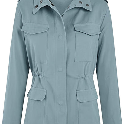 gbolsos  Solid Stand Collar Long Sleeve Pockets Jacket, Winter Warm Zipper Button Casual Outerwear, Women's Clothing