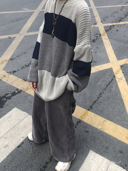 gbolsos Color Block Crew Neck Pullover Sweater, Vintage Long Sleeve Oversized Slouchy Sweater, Women's Clothing