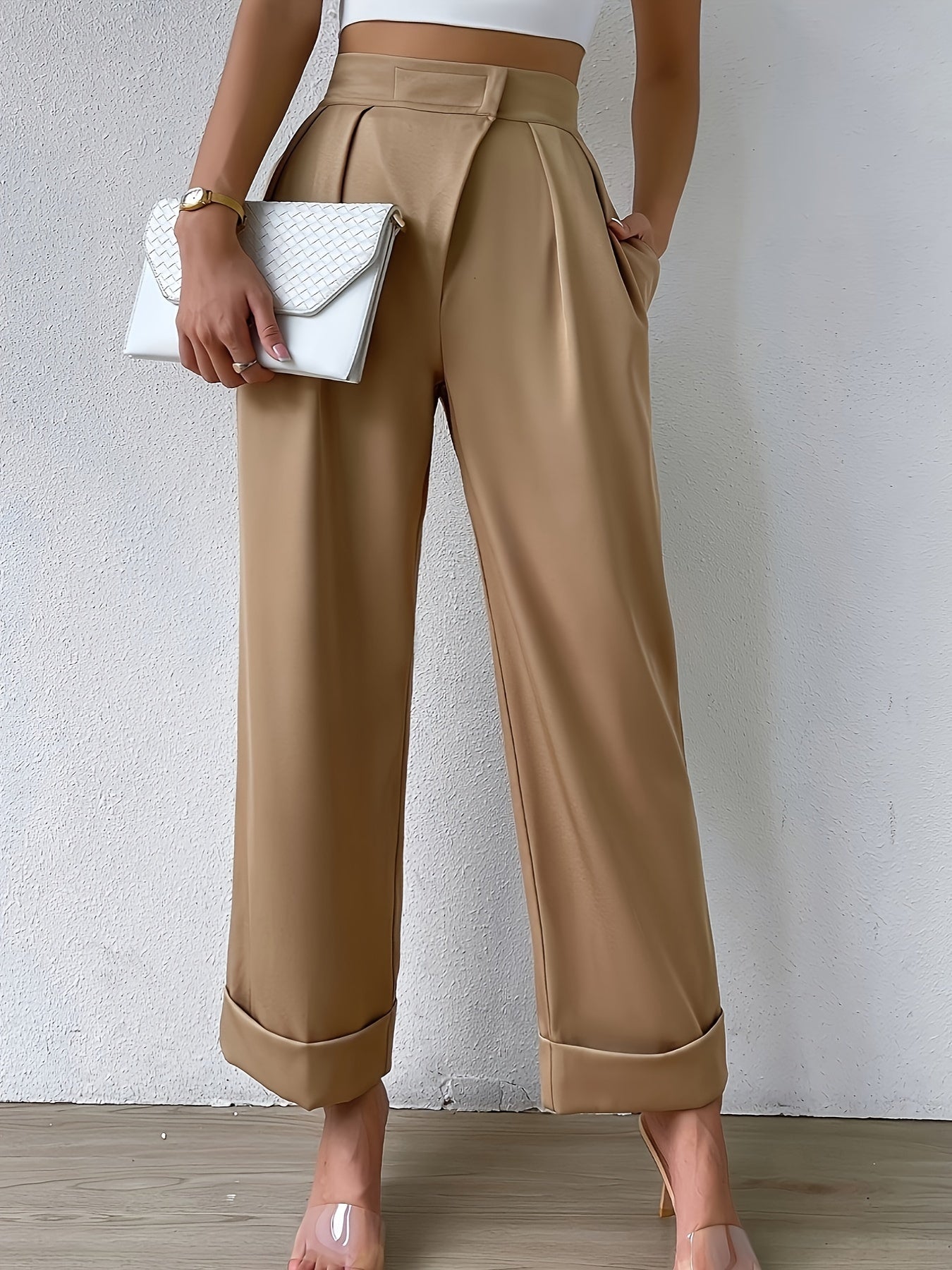 gbolsos  Slant Pockets Straight Leg Pants, Elegant Solid Color Loose Pants For Spring & Fall, Women's Clothing