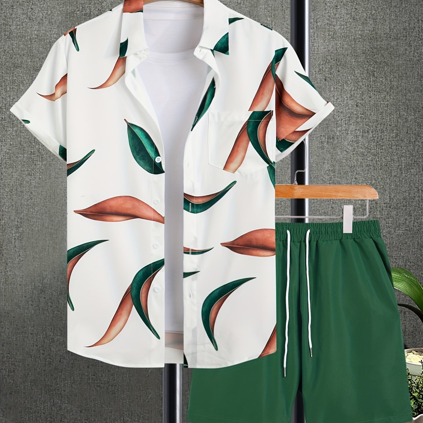 gbolsos  Men's Outfit Set, Leaf Pattern Hawaiian Shirt & Drawstring Shorts, Teenager 2 In 1 Sports Wear For Summer Vacation Beach