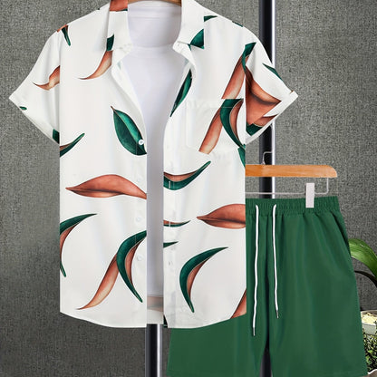 gbolsos  Men's Outfit Set, Leaf Pattern Hawaiian Shirt & Drawstring Shorts, Teenager 2 In 1 Sports Wear For Summer Vacation Beach